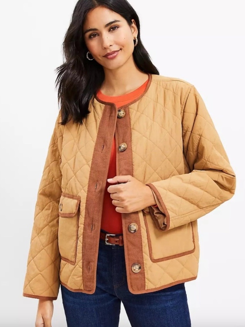 LOFT Quilted Camel Puffer Jacket with Brown Trim